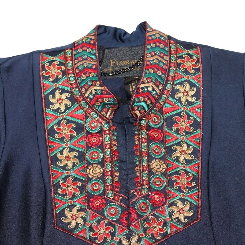 VTG Florance Sz 12 Eur 42 Navy Blue Embroidered Collar Hostess Gown Robe Dress - Picture 8 of 12